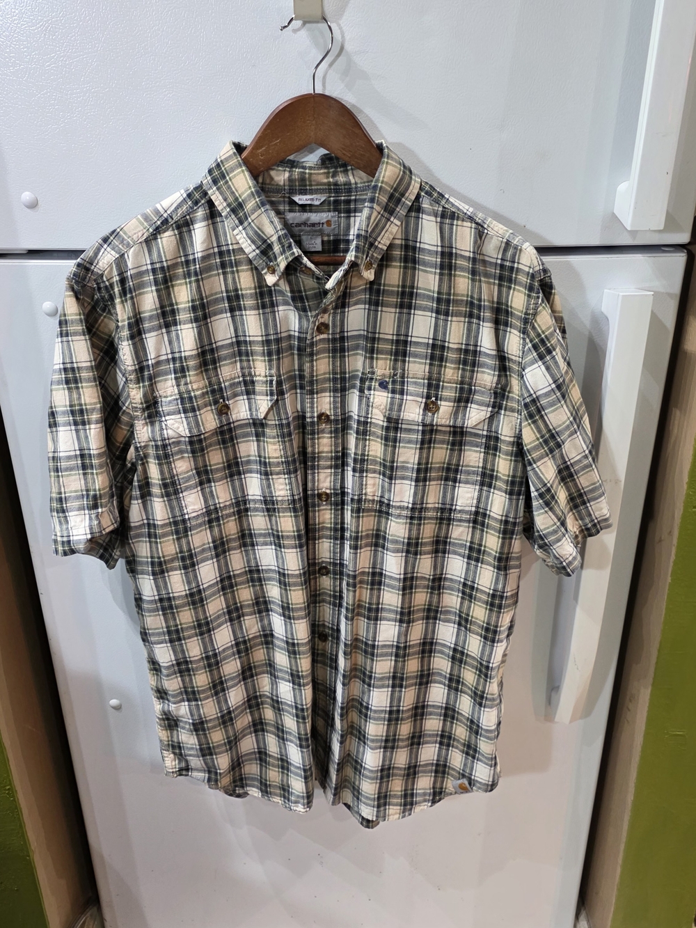Carhartt Short Sleeve Plaid Shirt in Cream and Green